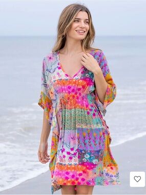 NATURAL LIFE Multicolor Floral V-Neck Sanibel Kaftan Dress Large - flowy